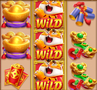 Símbolos de Fortune Tiger — linterna roja, naranja de la suerte, bambú dorado y flor de loto